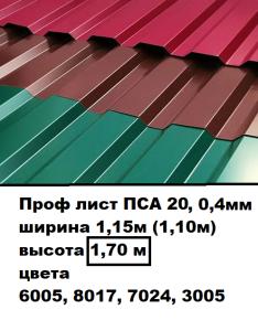 Профилированный лист ПСА 20 0,4мм 1,15х 1,70 м (6005, 8017, 7024, 3005)